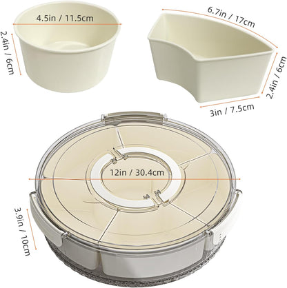 Divided Serving Tray with Lid and Handle, Stackable Snackle Box Container for Fruits Candy Organizer, Portable Spinning Rounded Veggie Tray for Kitchen, Party, Trave and Picnic-1 Pack