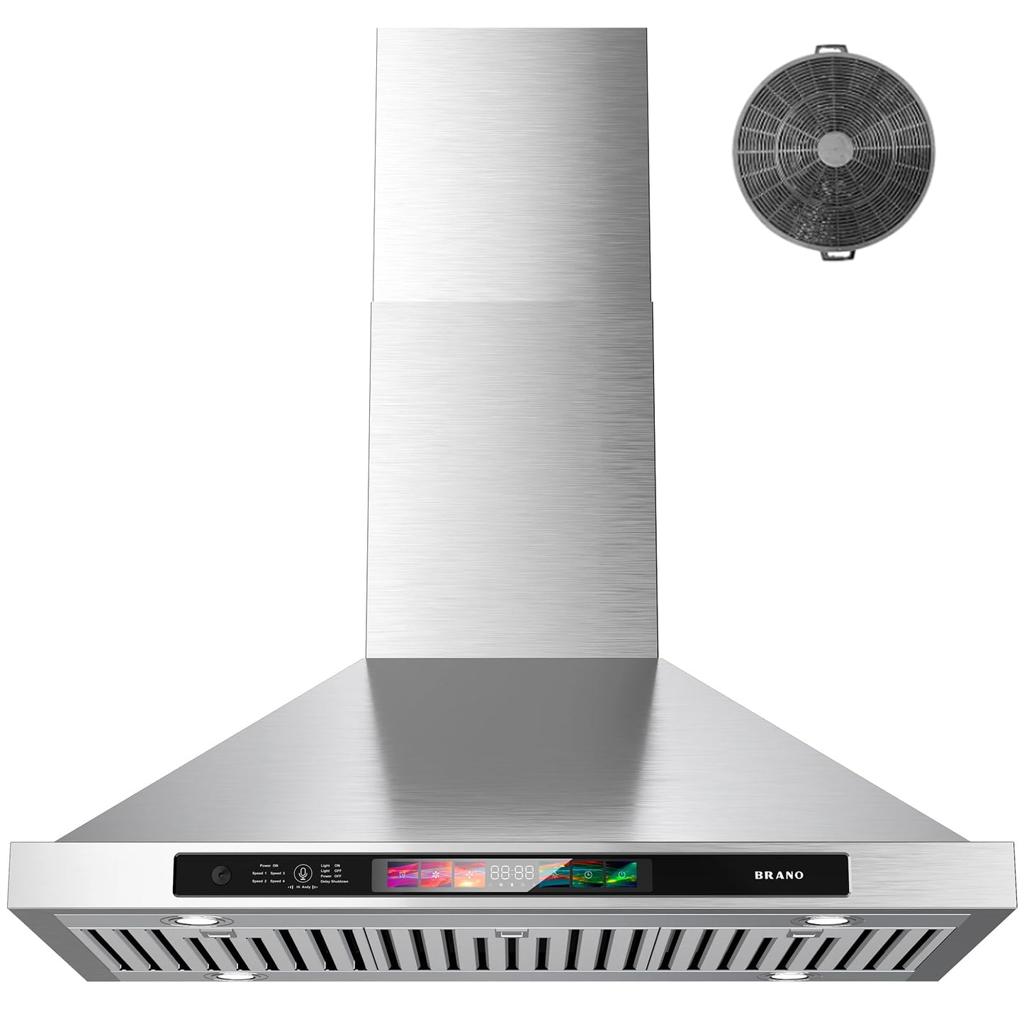 BRANO 30-inch Wall Mount Range Hood 900 CFM with Voice/Gesture/Touch Control, Stainless Steel Kitchen Hood Vent with 4 Speed Exhaust Fan, LED Adjustable Lights, Memory Mode