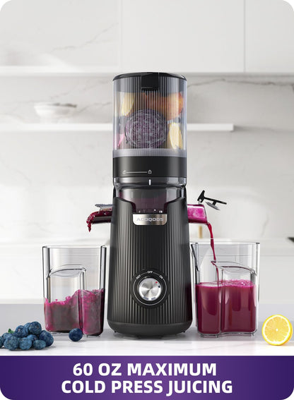 ACOQOOS Juicer Machines, Cold Press Juicer Whole Fruit and Vegetable with 5.3" Wider and Larger Feeding Chute (Capacity 1.8L), Easy to Clean Juicers with 2 Cups, Masticating Juicer Black