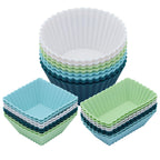 24Pack Silicone Muffin Cups, Reusable Cupcake Liners Molds for Baking, 3 Shapes Lunch Box Bento Dividers-Round, Square, and Rectangular (Neutral Colors, Regular Size)
