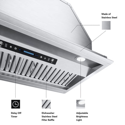 IKTCH 36 inch Built-in/Insert Range Hood 900 CFM, Ducted/Ductless Convertible Duct, Stainless Steel Kitchen Vent Hood with 2 Pcs Adjustable Lights and 3 Pcs Baffle Filters with Handlebar(IKB02-36'')