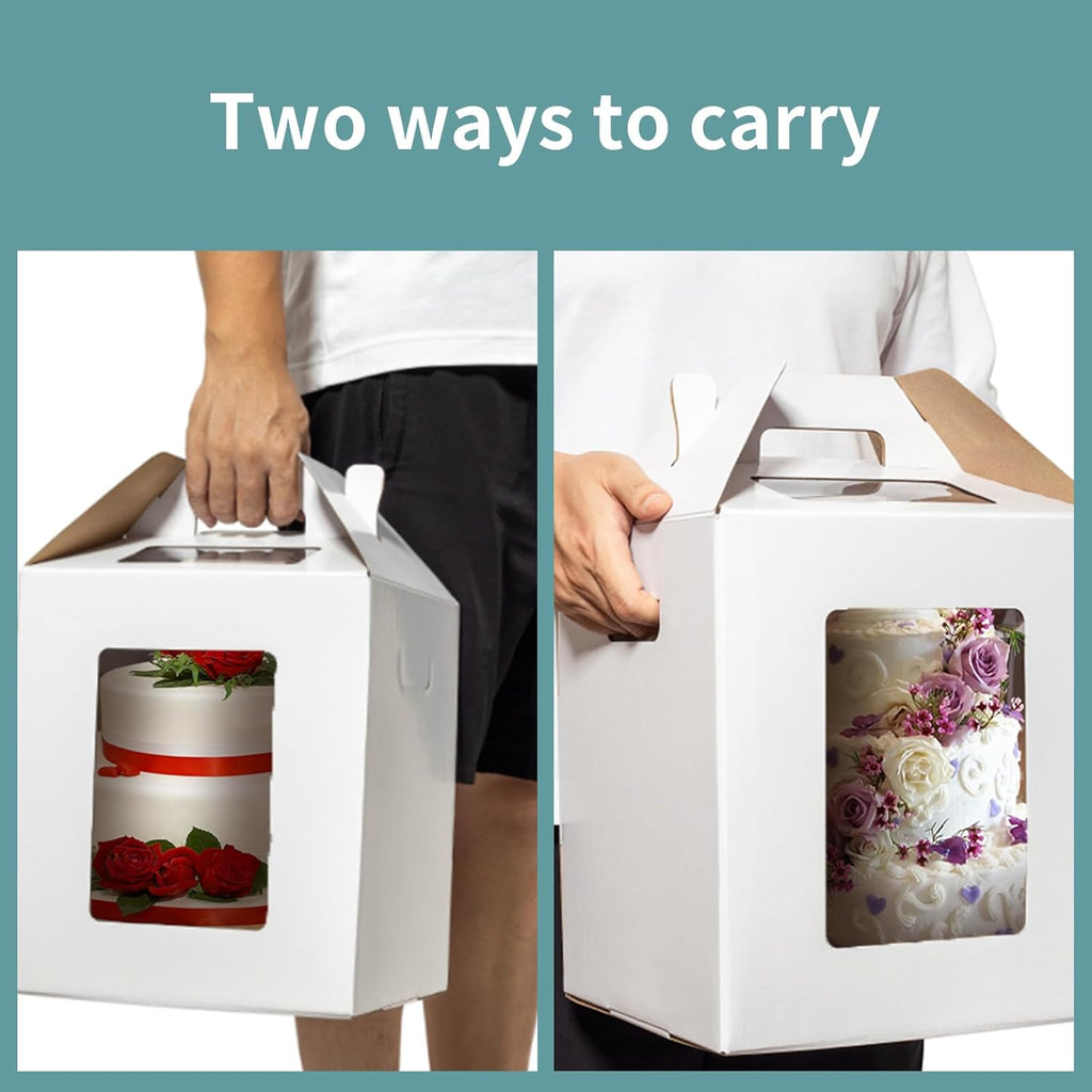 3 Pack Tall Cake Boxes for Tier Cakes 12x12x14 Inch Disposable Layer Tall Baking Carrier with Window Large Tierd Bakery Take Out Transport Containers with Handle for Wedding, Birthday, Party