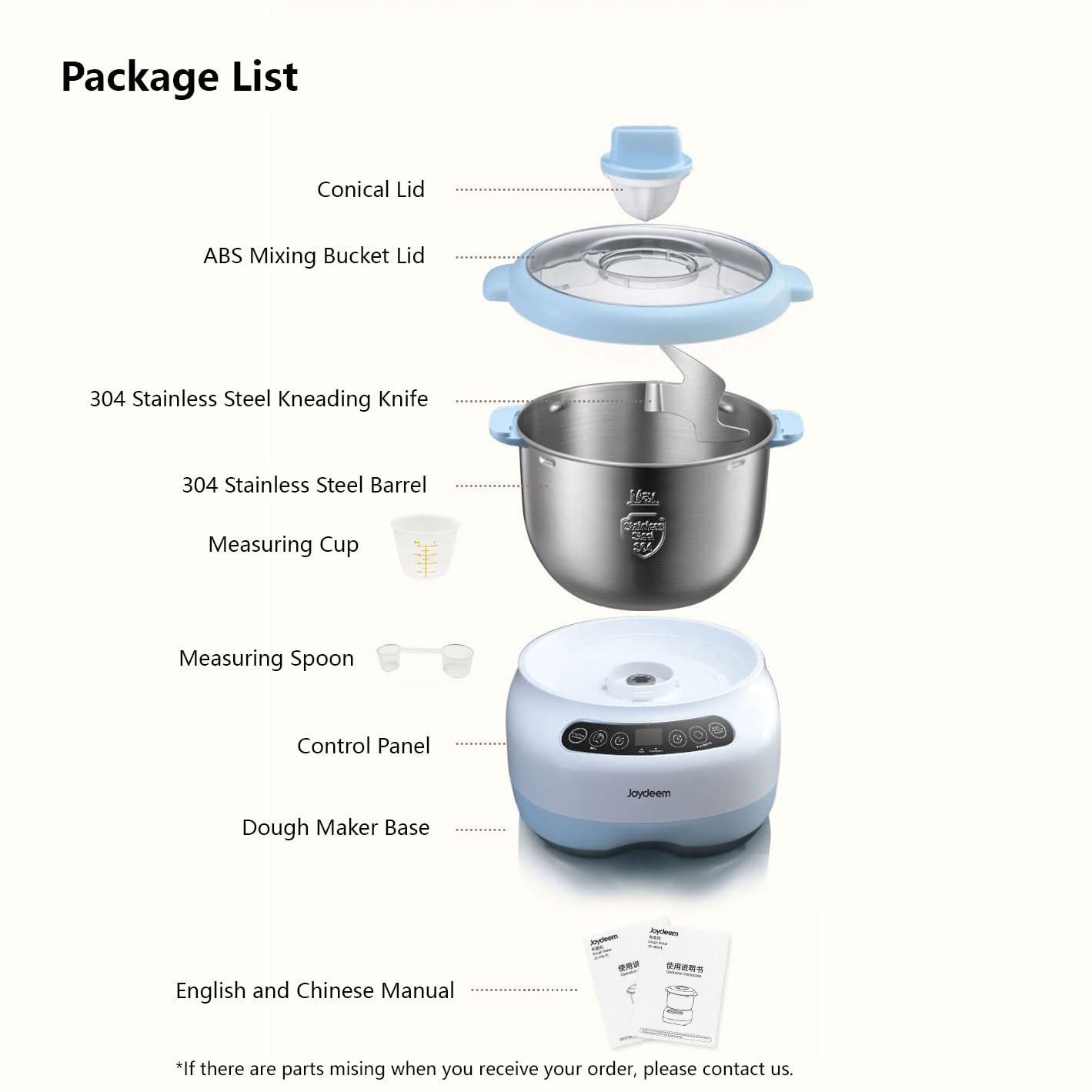 Joydeem Electric Dough Maker with Ferment Function, Microcomputer Timing, Face-up Touch Panel, 6.6Qt, 304 Stainless Steel, JD-HMJ7L