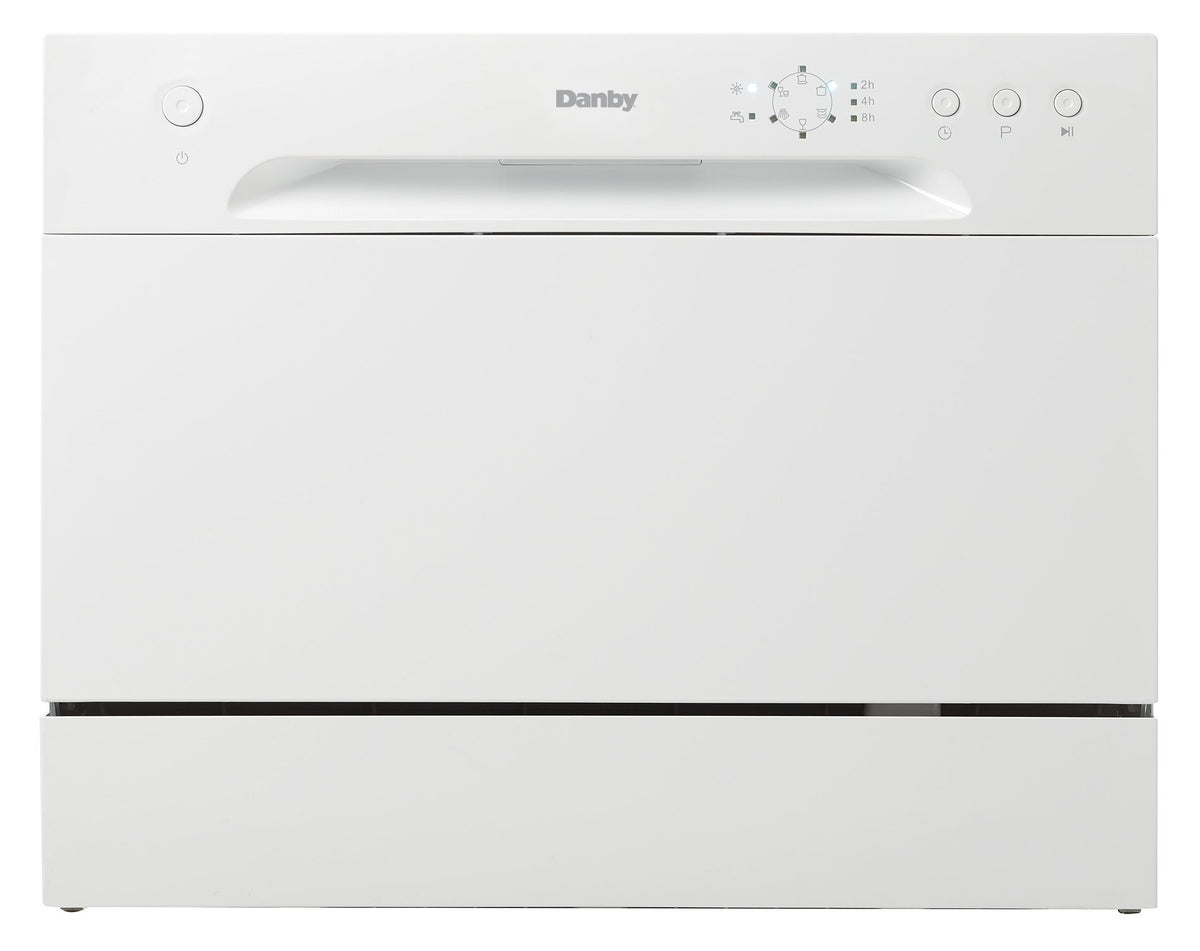 Настільна посудомийна машина Danby DDW621WDB з 6 комплектами посуду, 6 циклами миття та кошиком для столових приборів, рейтингом Energy Star, низьким споживанням води та тихою роботою, білого кольору
