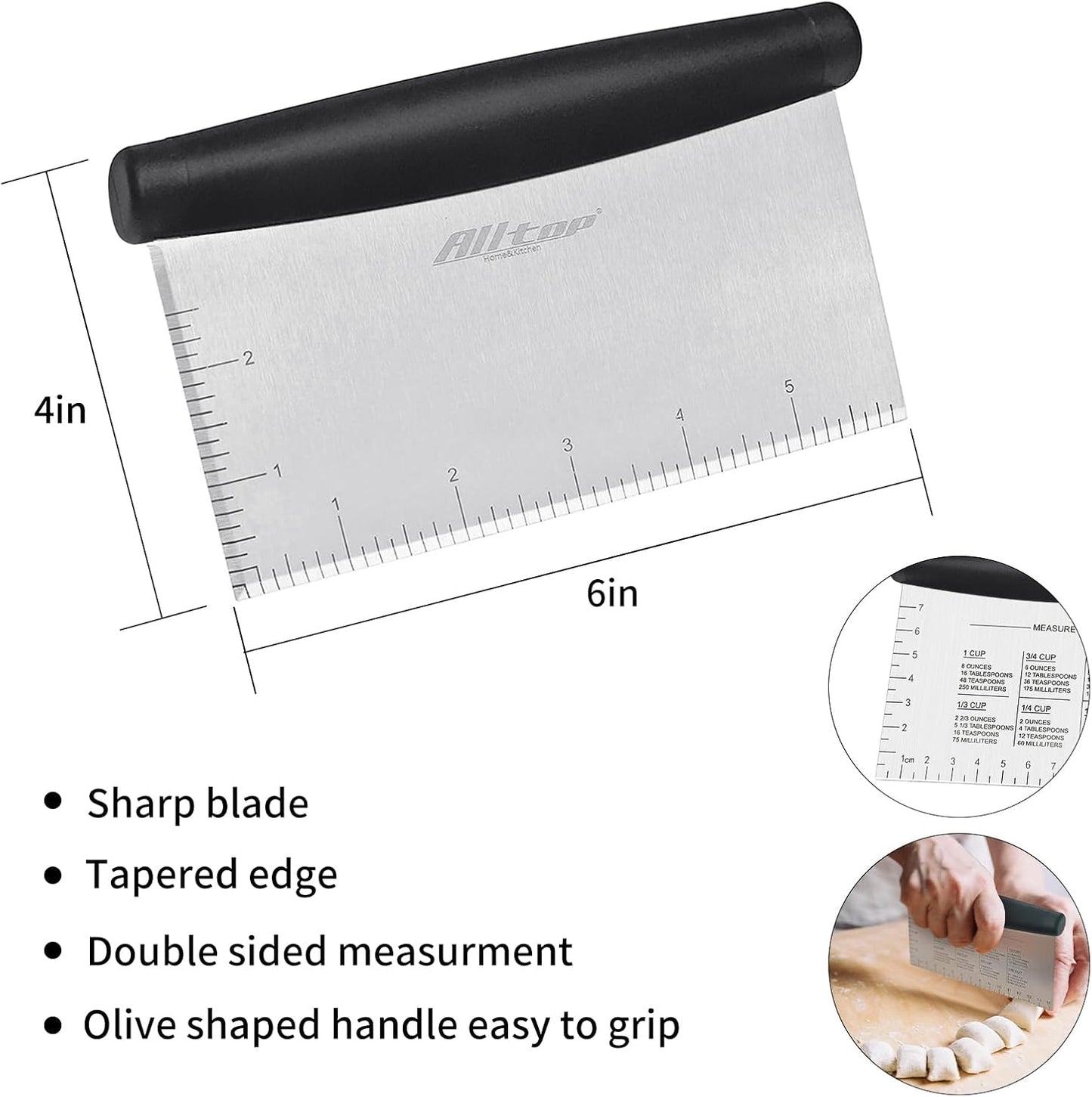 ALLTOP Bench Scraper & Chopper for Kitchen - Ideal Baking Essential Utensil,Stainless Steel Pastry/Dough/Food Cutter Tool for Cake Pizza Bread,Cooking - 1 Pack,Black