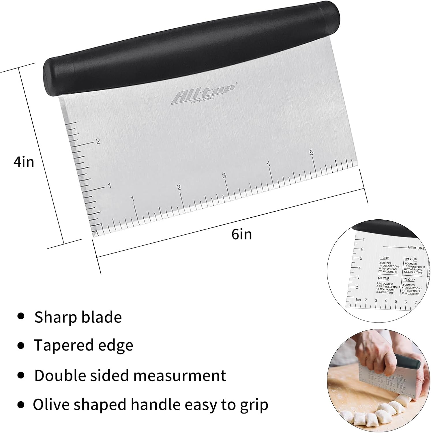 ALLTOP Bench Scraper & Chopper for Kitchen - Ideal Baking Essential Utensil,Stainless Steel Pastry/Dough/Food Cutter Tool for Cake Pizza Bread,Cooking - 1 Pack,Black