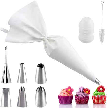 Reusable Cotton Piping Bags and Tips Set- Frosting Piping Kit for Baking 6pcs Large Stainless Icing Tips for Cake Decorating- Icing Bag,Coupler I Professional Cupcake Kit
