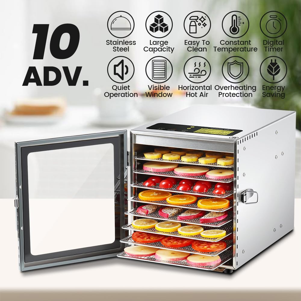 Cercker Food-Dehydrator Machine 8 Stainless Steel Trays, 500W Dehydrator for Herbs, Jerky Dehydrator for Meat, 190ºF Mushroom Dehydrator, 24H Timer Fruits Dehydrator, Veggies, Yogurt & Dog Treats