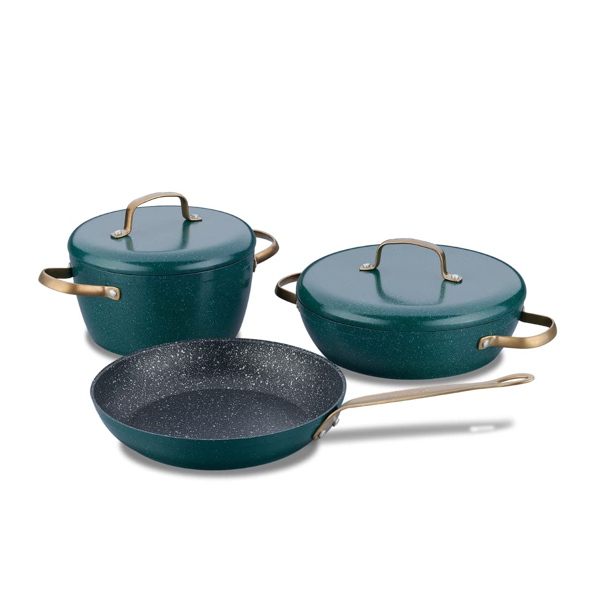 Korkmaz Vintage Cookware Set | 5 Pcs Nonstick Pot Set with Lid | Mixed Granite Casserole Set with Bronze Stay Cool Stainless Steel Handles | Cooking Set with Frying Pan | Oven Dishwasher Safe | Green