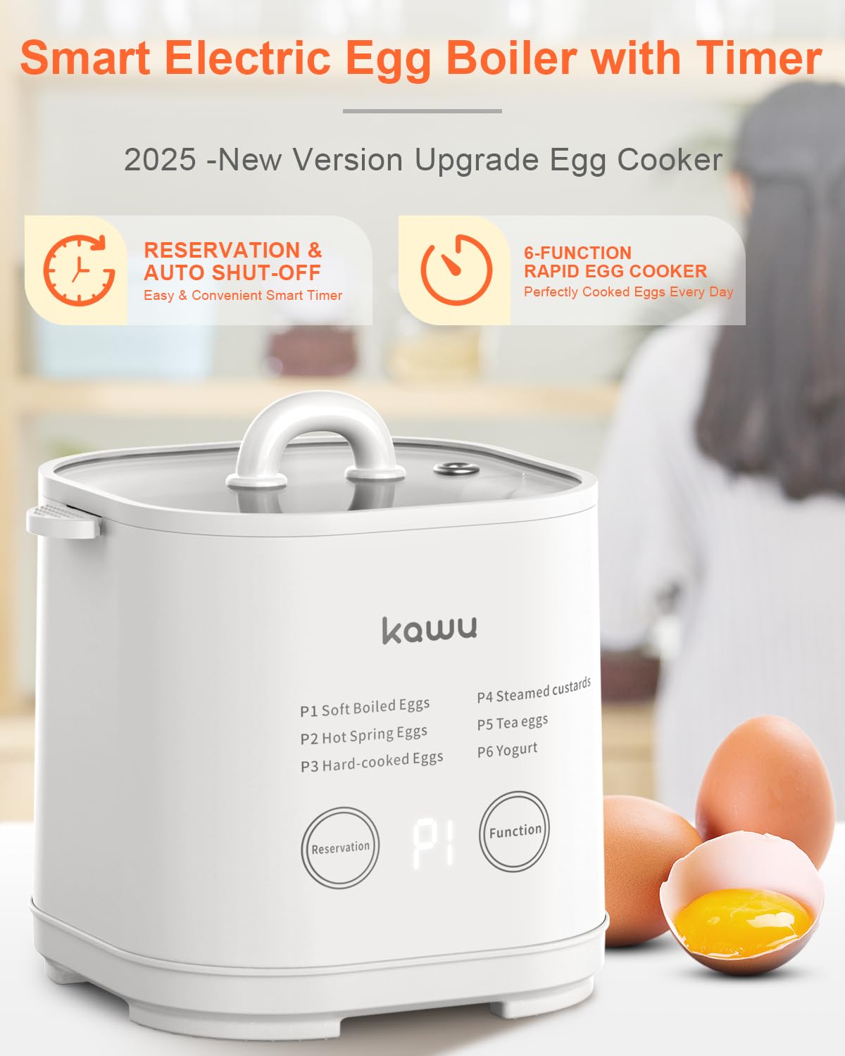 kawu Rapid Egg Cooker, 6-Function Egg Cooker for Hard Boiled Egg, Egg Boiler with Timer,Yogurt Maker,Boiled Egg Cooker for Hard Boiled Egg, Egg Cooker with Auto Shut Off &Alarm, Egg Cooker W/Bowl&Rack