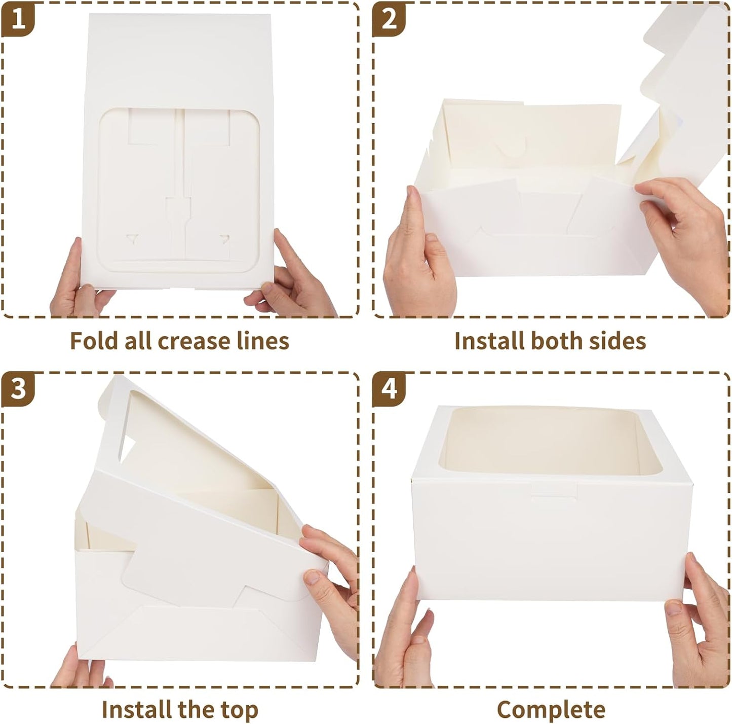 Moretoes 4 Pack Cake Boxes with Window, 10x10x5 Inches White Bakery Containers, 10 Inch White Cake Carrier, Disposable Bakery Boxes for Valentine's Day Mother's Day Cake Cupcake Cookie Pie Pastry