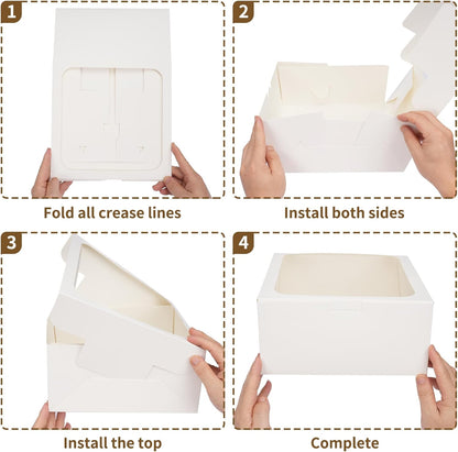 Moretoes 4 Pack Cake Boxes with Window, 10x10x5 Inches White Bakery Containers, 10 Inch White Cake Carrier, Disposable Bakery Boxes for Valentine's Day Mother's Day Cake Cupcake Cookie Pie Pastry