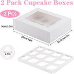 Cupcake Boxes, 2 Pack Disposable Cupcake Containers, Food Grade Cupcake Carrier 12 Count with Window and Inserts, Cupcake Transport Holders Bulk for Muffins Cookies Treats Dessert（White）