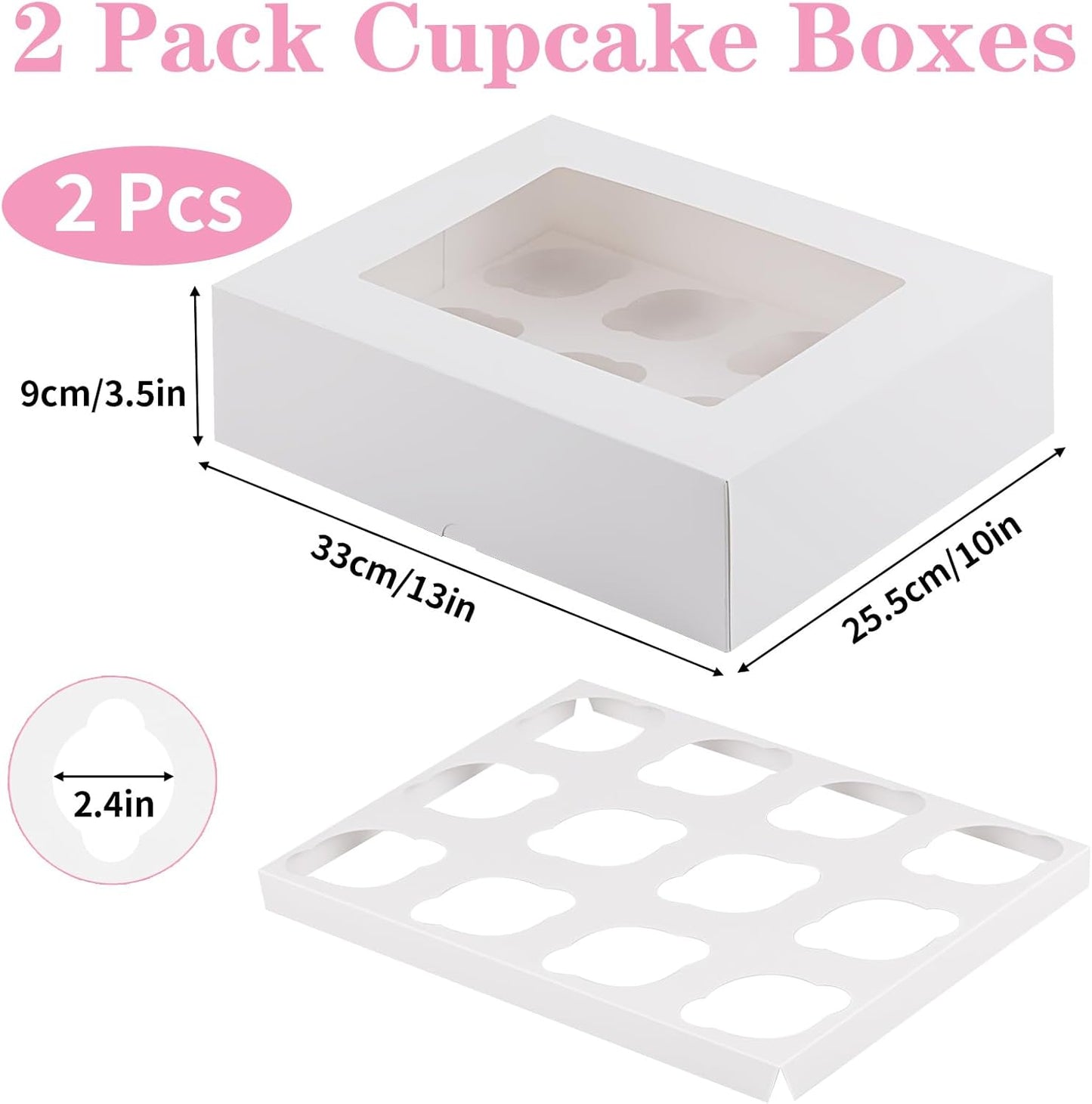 Cupcake Boxes, 2 Pack Disposable Cupcake Containers, Food Grade Cupcake Carrier 12 Count with Window and Inserts, Cupcake Transport Holders Bulk for Muffins Cookies Treats Dessert（White）