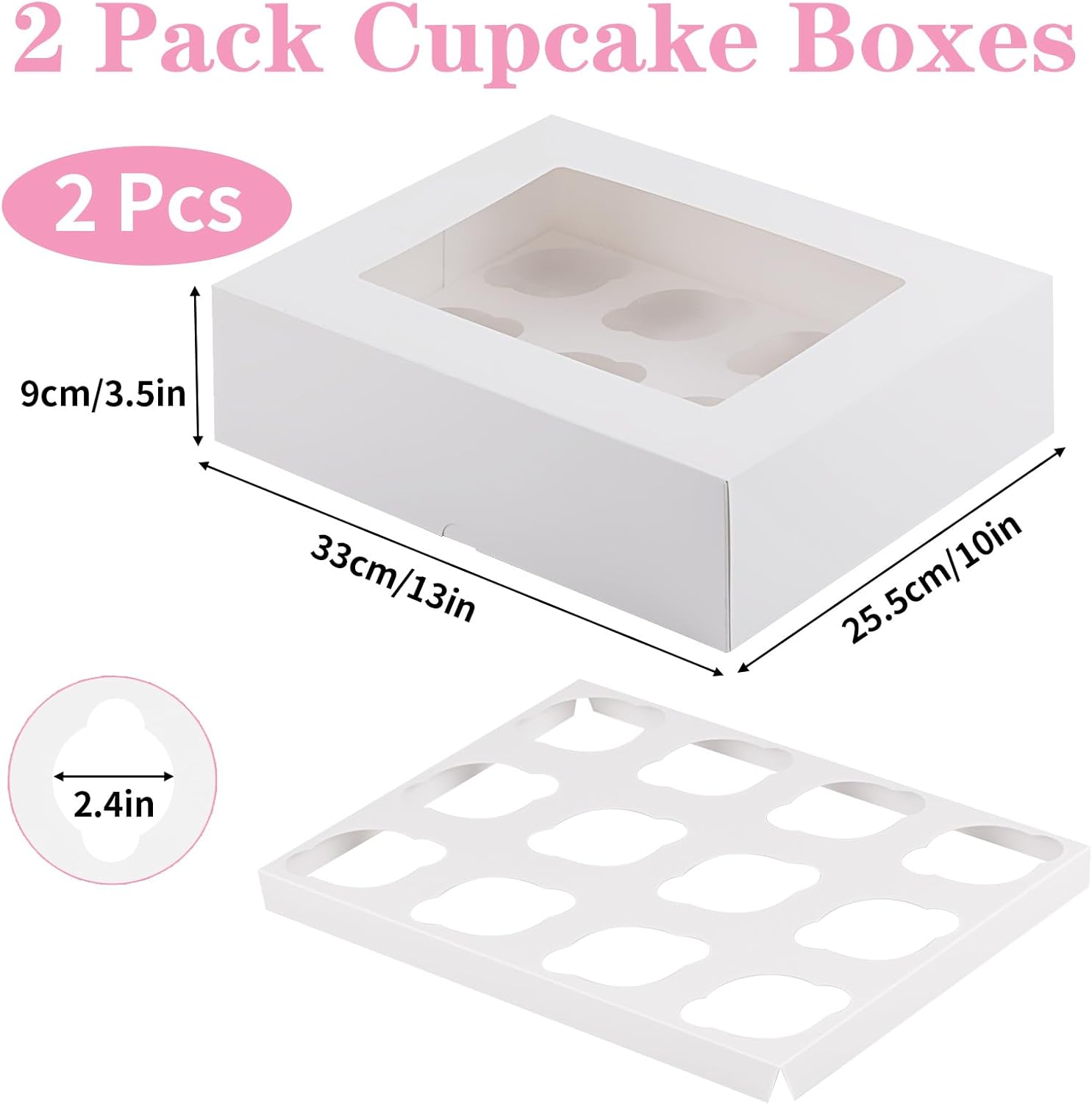 Cupcake Boxes, 2 Pack Disposable Cupcake Containers, Food Grade Cupcake Carrier 12 Count with Window and Inserts, Cupcake Transport Holders Bulk for Muffins Cookies Treats Dessert（White）
