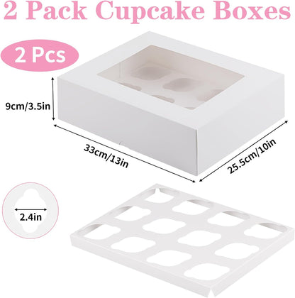 Cupcake Boxes, 2 Pack Disposable Cupcake Containers, Food Grade Cupcake Carrier 12 Count with Window and Inserts, Cupcake Transport Holders Bulk for Muffins Cookies Treats Dessert（White）