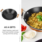 BEBEMOKO Podwójny uchwyt ze stali nierdzewnej Wok kuchenny Gorący garnek do gotowania w domu Metalowy Wok Czarny Drewniany uchwyt Uniwersalny