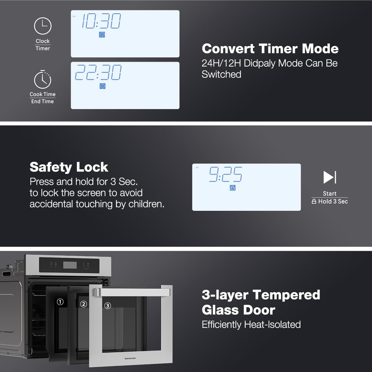 24" Electric Wall Oven, ETL Certified, thermomate 2.6 Cu.Ft. Built-in Wall Oven with 12 Functions, 3100W Convection Ovens, Sensor Touch Control, Safety Lock, Stainless Steel