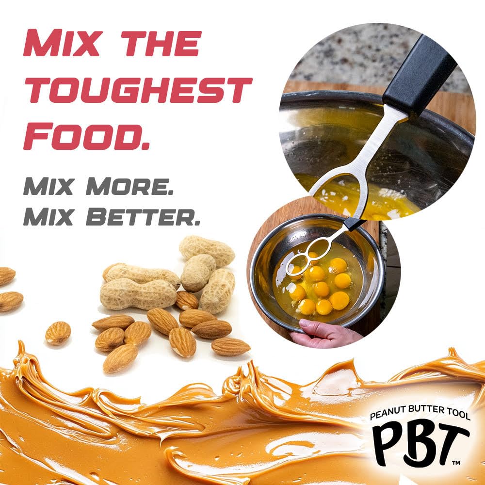 PBT - Peanut Butter Mixer, Stainless Steel Stirring Tool for Natural Peanut Butter, Dough, Yogurt, Sauces, and More - Fits Any Container Size, Less Mess, Dishwasher Safe (BLACK)
