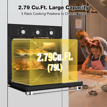 24 Inch Single Wall Oven, ETL Certified, thermomate 2.79 Cu. Ft. Built-in Electric Wall Oven with 5 Cooking Functions, Built-in Ovens with Mechanical Knobs Control, Black Tempered Glass Finish