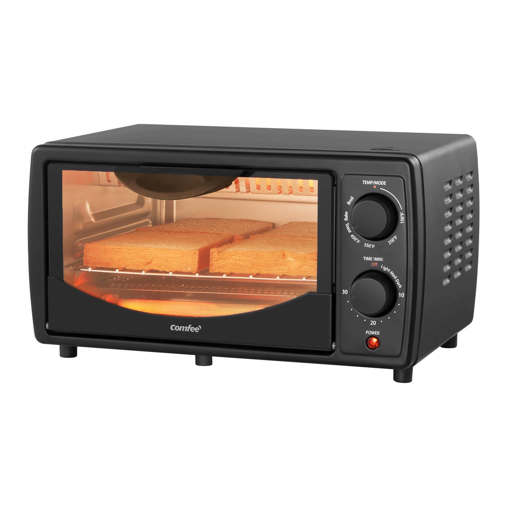 Toster COMFEE' do blatu, mały toster combo na 4 kromki, mini piekarnik do pizzy 9", kompaktowy piekarnik 2 półki do tostów, pieczenia, grillowania, 950 W, czarny, CTO-E101A(BK)