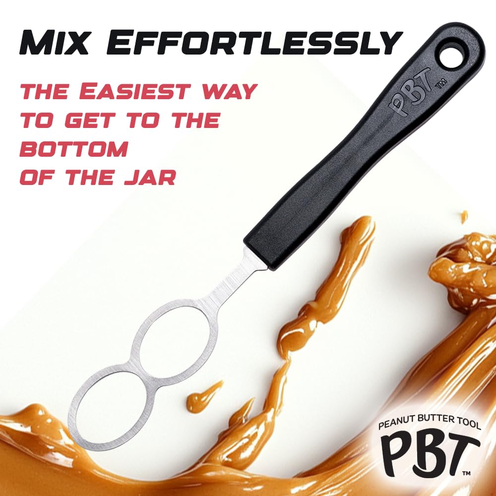 PBT - Peanut Butter Mixer, Stainless Steel Stirring Tool for Natural Peanut Butter, Dough, Yogurt, Sauces, and More - Fits Any Container Size, Less Mess, Dishwasher Safe (BLACK)