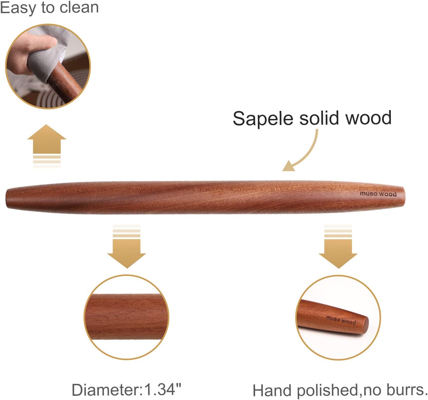 Muso Wood Sapele Wooden French Rolling Pin for Baking, Tapered Roller for Fondant, Pie Crust, Cookie, Pastry (French 15-3/4inch)