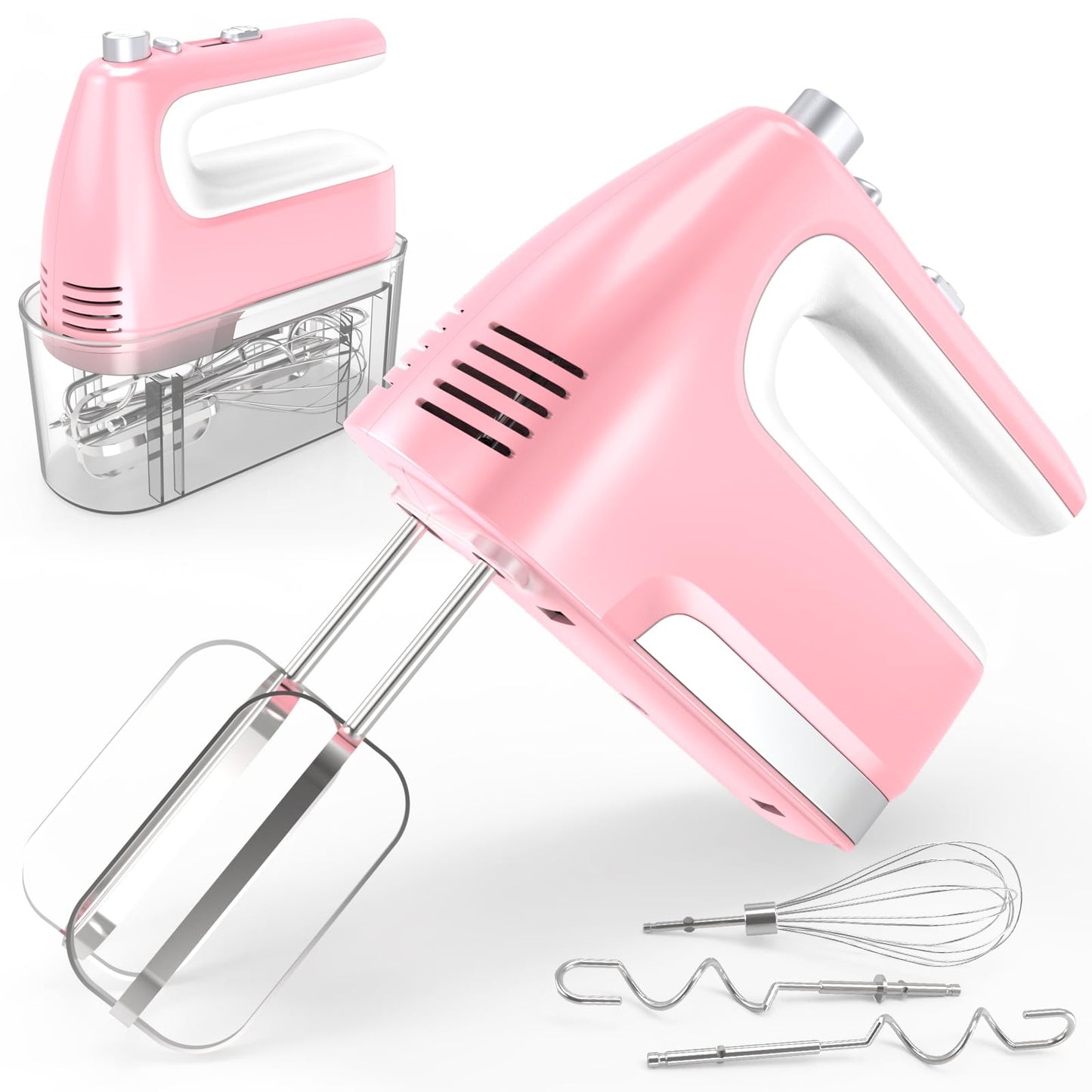 Yalame Hand Mixer Electric, 5-Speed 400W Motor, Hand Mixer Electric Handheld, Mixer Electric Handheld with Turbo Boost & Storage Case, 2x Flat Beaters, 2x Dough Hooks, 1x Whisk for Baking (Pink)