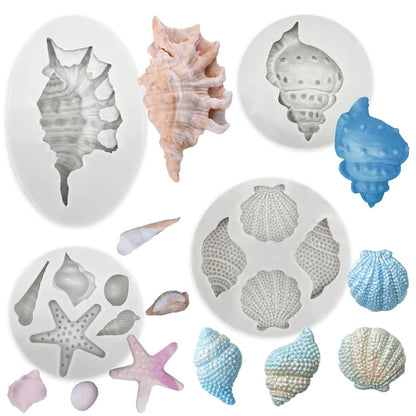 3 PCS Marine Theme Cake Fondant Silicone Mold Seashell Conch Starfish Coral Baking Molds for DIY Cake Decoration Chocolate Candy Polymer Clay Crafting Projects