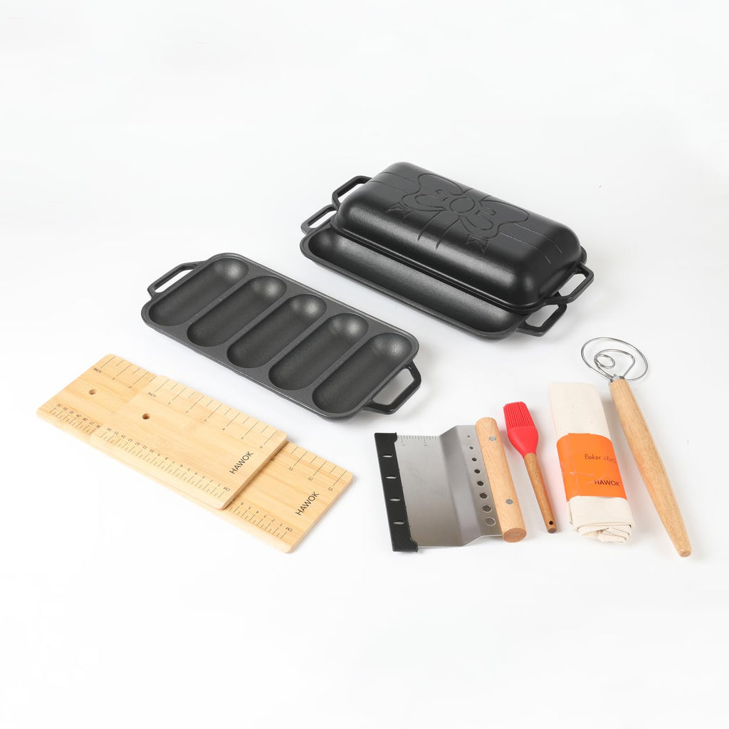 HAWOK Enameled Cast Iron French Baguette Baker, Hot Dog Bake Tray, Baguette Pan with Handles and Lid, Navy Blue
