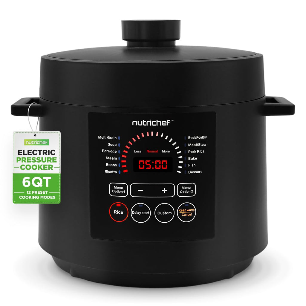 NutriChef Electric Pressure Cooker 6 Quart Capacity | 9 Function Digital Countertop Pressure Cooker | Adjustable Time & Temperature | Cook, Bake, Steam, & Braise | 13.1 x 11.4 IN | Black
