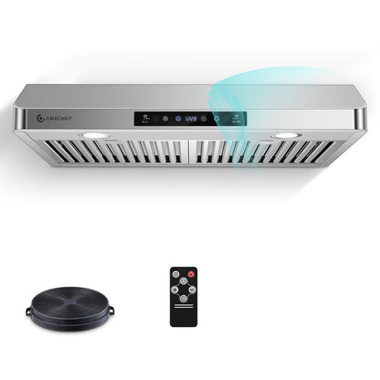 AMZCHEF Under Cabinet Range Hood 30 Inch, 700CFM Stainless Steel Kitchen Stove Vent Hood 3 Speed Exhaust Fan Touch/Remote/Gesture Control LED lights Time Setting Dishwasher-Safe Baffle Filters