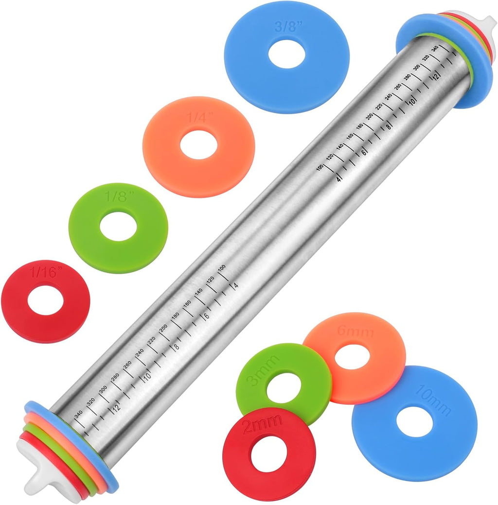 Adjustable Rolling Pin with Thickness Rings for Baking, Stainless Steel Designs Dough Roller Pins for Cookie Decorating Baking Supplies Fondant Cake Baker