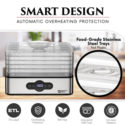 Magic Mill Food Dehydrator Machine | 5 Stackable Stainless Steel Trays Jerky Dryer with Digital Adjustable Timer & Temperature Control - Electric Food Preserver for Fruits, Veggies, Meats & Dog Treats