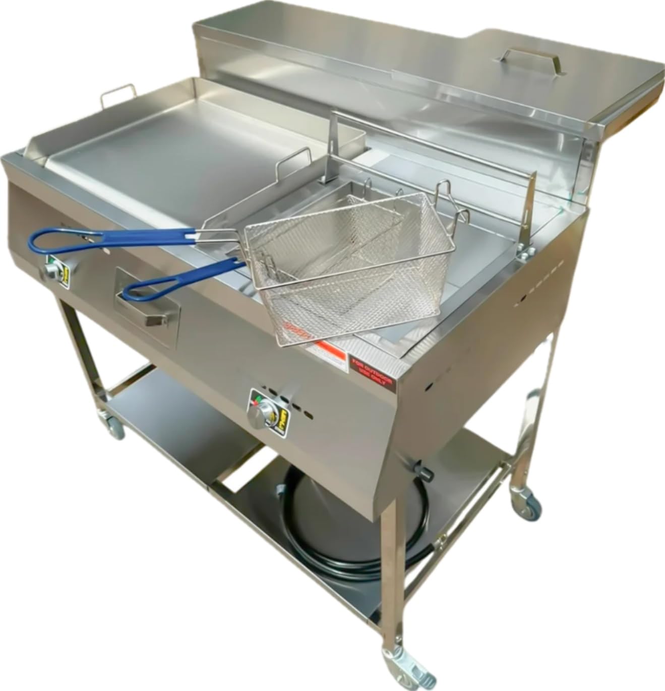 Gas Shark Deep Fryer and Griddle Cart | 20" Griddle | 30 lb 3.5 Gallon Single Tank Deep Fryer | 2 Fryer Baskets | Serving Shelf | Outdoor Propane | Stainless Steel | Portable for Commercial & Home Use