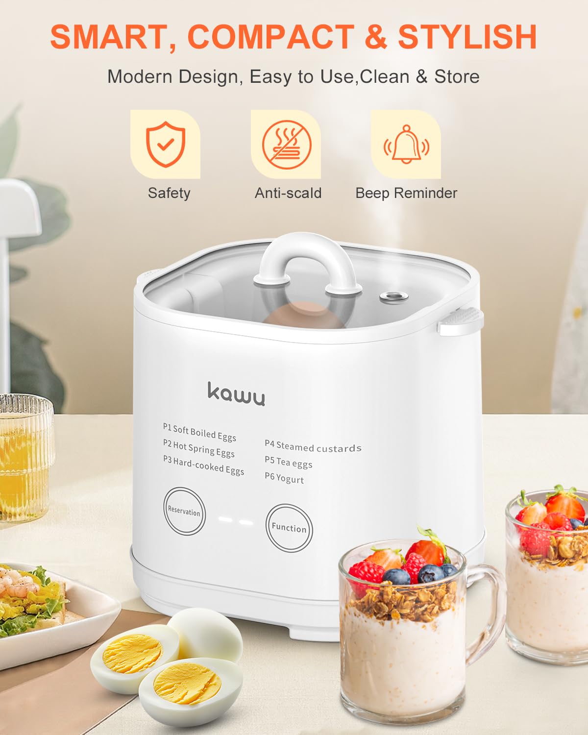 kawu Rapid Egg Cooker, 6-Function Egg Cooker for Hard Boiled Egg, Egg Boiler with Timer,Yogurt Maker,Boiled Egg Cooker for Hard Boiled Egg, Egg Cooker with Auto Shut Off &Alarm, Egg Cooker W/Bowl&Rack