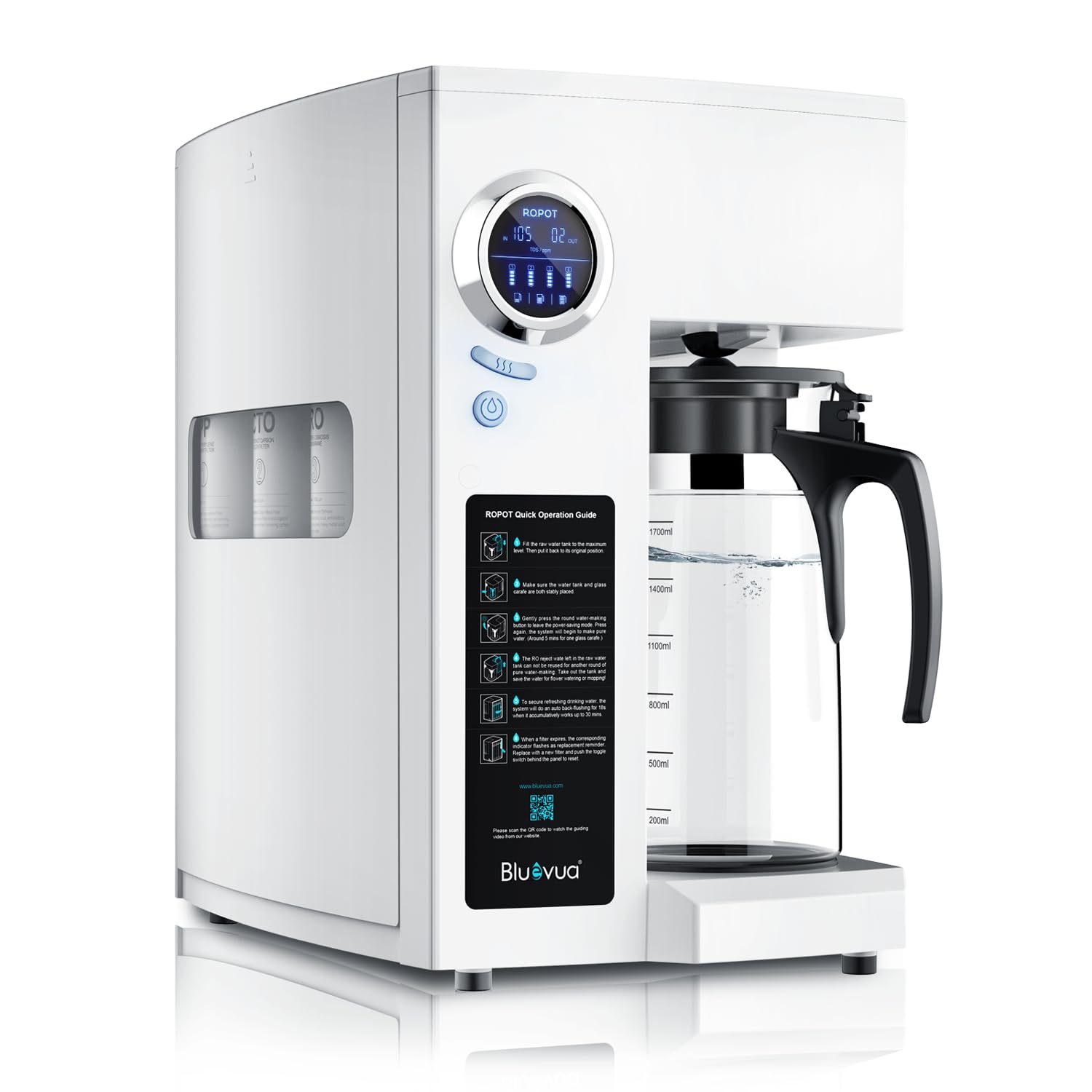 Bluevua RO100ROPOT System odwróconej osmozy Filtr do wody na blacie, 4-stopniowe oczyszczanie, filtracja odwróconej osmozy na blacie, 2:1 czysty do odpływu, oczyszczona woda z kranu, przenośny oczyszczacz wody do domu