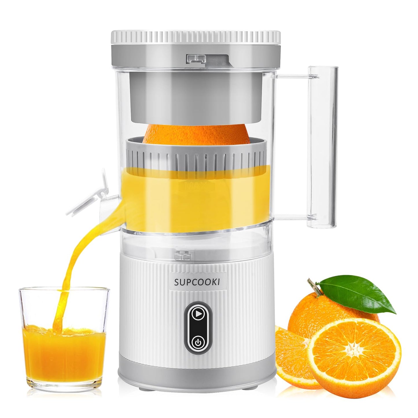 Electric Citrus Juicer, Rechargeable Juicer Machine with USB Cable and Cleaning Brush, Touch Button, Automatic Orange Lime Lemon Grapefruit Squeezer, Easy to Clean Portable Juicer, White