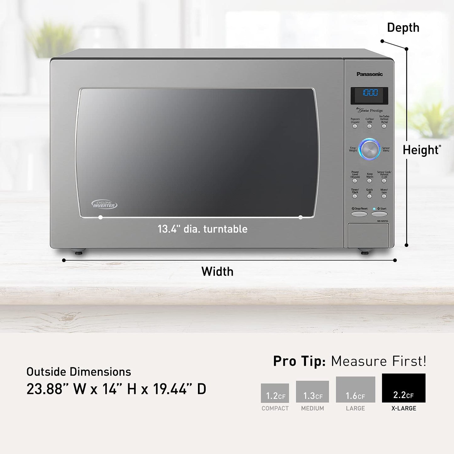 Piekarnik Panasonic z technologią inwertera cyklonowego, 1250 W, 2,2 stopy sześcienne, kuchenka mikrofalowa do blatu z czujnikiem Genius One-Touch Cooking – NN-SD975S (stal nierdzewna/srebrny), stal nierdzewna