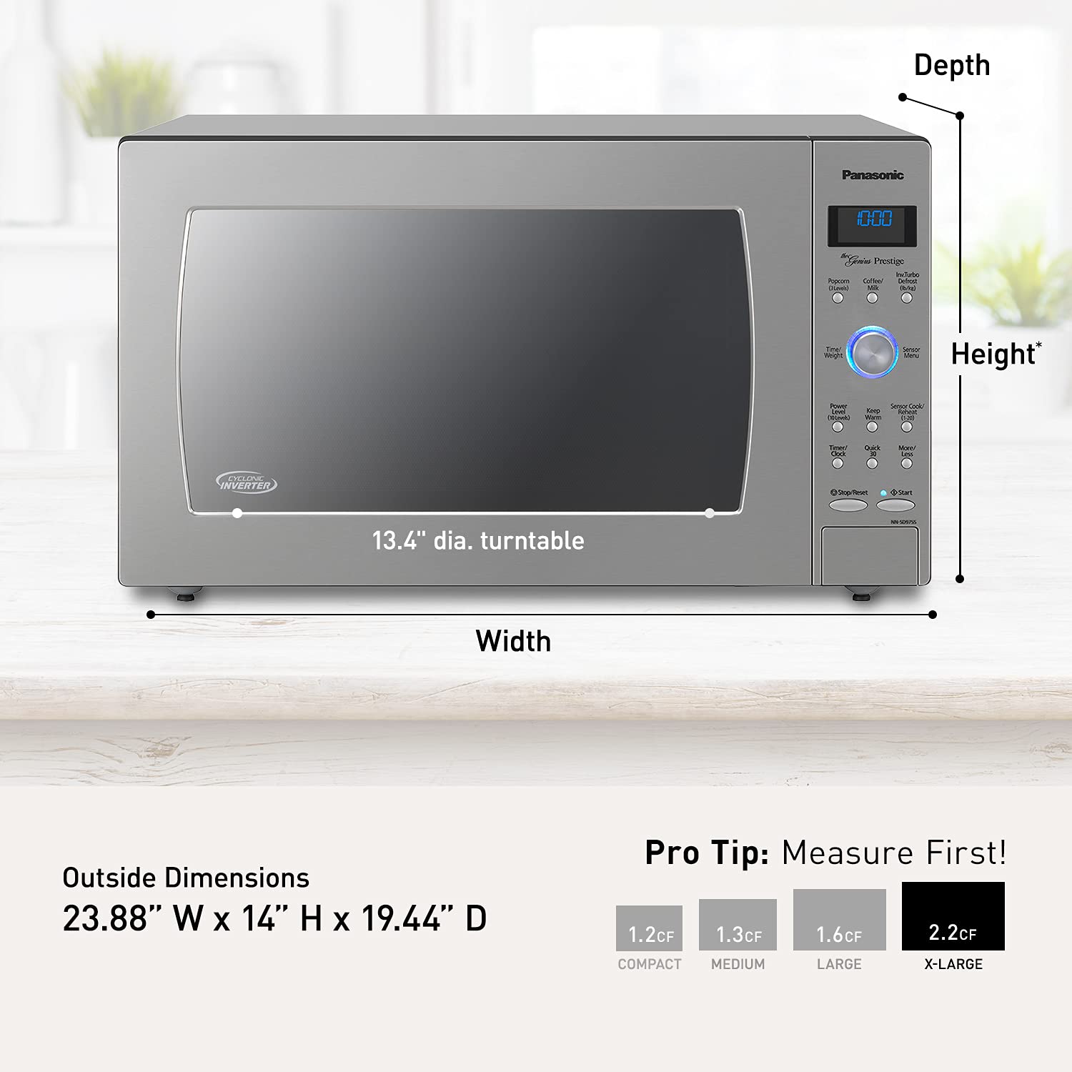 Panasonic Oven with Cyclonic Wave Inverter Technology, 1250W, 2.2 cu.ft. Countertop Microwave with Genius Sensor One-Touch Cooking – NN-SD975S (Stainless Steel/Silver), Stainless