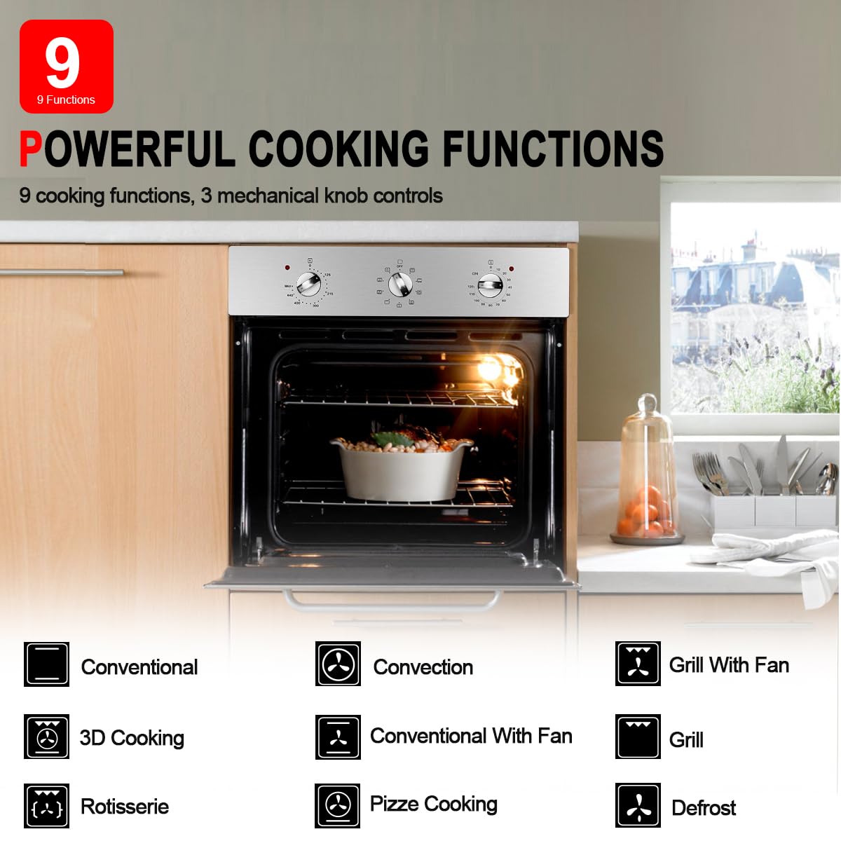 Electric Wall Ovens 24 Inch, GASLAND ES609MS Built-in Electric Wall Oven, 240V 3200W 2.3Cu.ft Convection Oven with Rotisserie, 9 Cooking Modes, Mechanical Knob Control, Stainless Steel