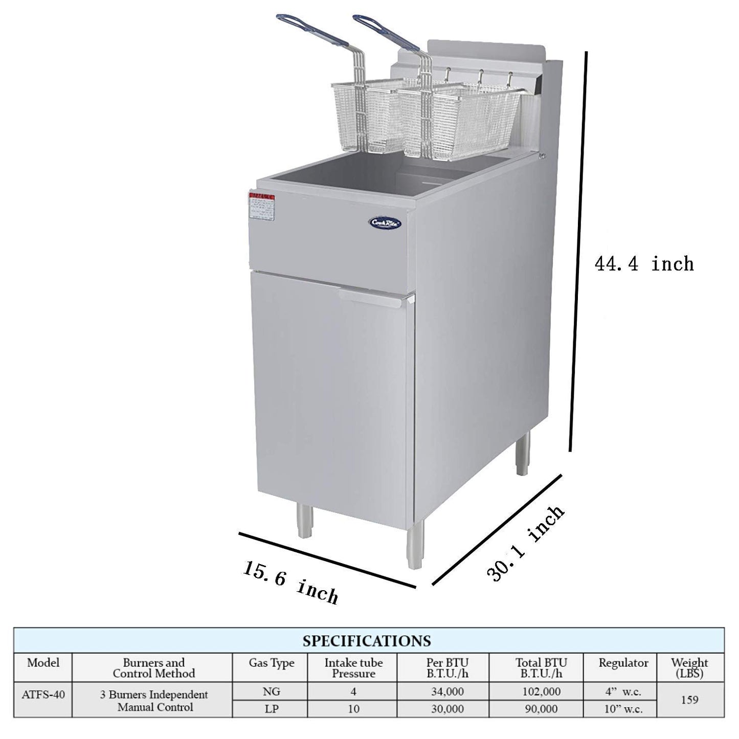 CookRite ATFS-40 Commercial Deep Fryer with Baskets 3 Tube Stainless Steel Natural Gas Floor Fryers-102000 BTU