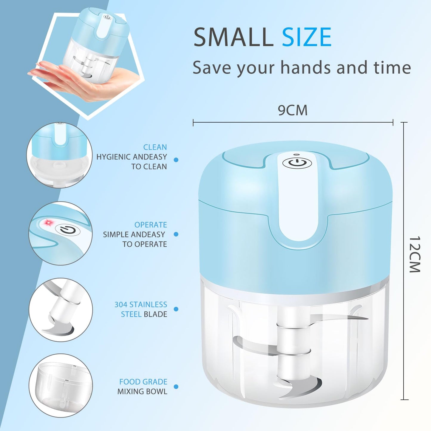 EASYSPEED Electric Garlic Chopper 1Cup, Mini USB Charging Wireless Food Processor with 304 Stainless Steel Blades, Portable Kitchen Meat Grinder for Onion, Garlic, Ginger, Chili, Fruit, Baby Food