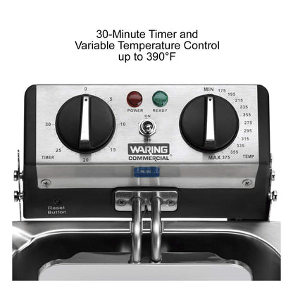 Waring Commercial WDF75RC Heavy Duty 8.5 lb double basket deep fryer, includes 4 twin baskets & 2 night covers - 1800w, 120V, 5-20 Phase Plug, Silver