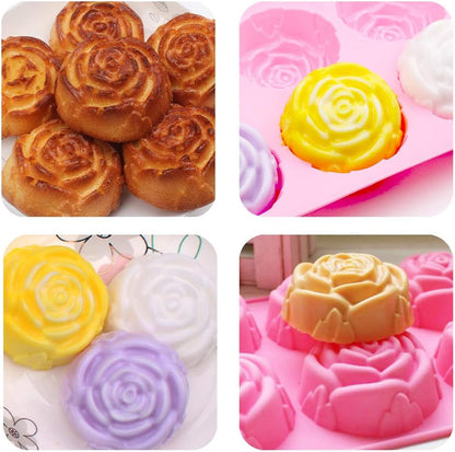 Silicone Mold for Handmade Soap Cake Jelly Pudding Chocolate 6 Cavity Rose Flower Design, Set of 2 Pink