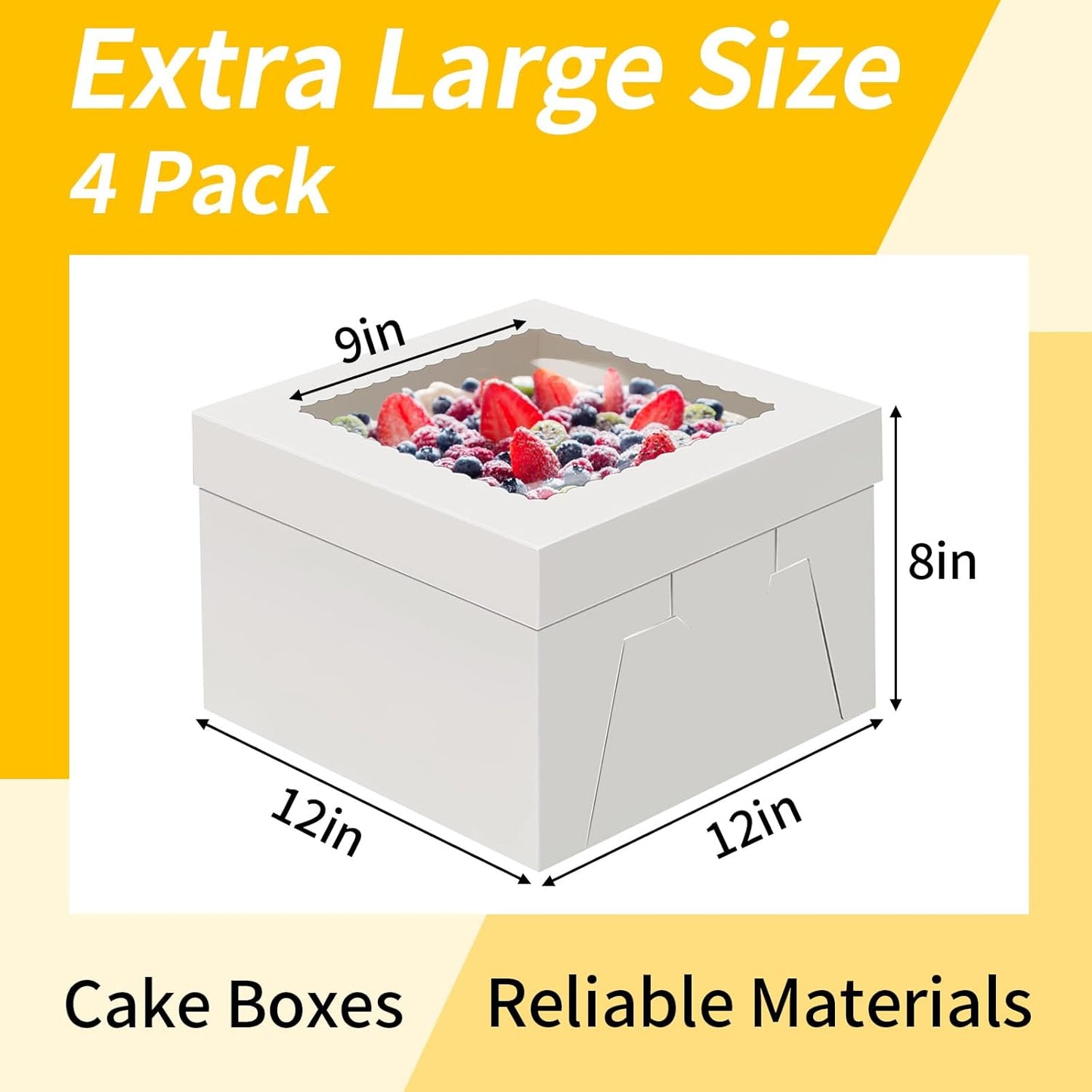WINKIO 4 Pack Cake Boxes 12 Inch, Disposable Cake Transport Container, White Bakery Boxes with Large Window, for Cookies Pies Cupcakes Pastry (12×12×8 Inches)