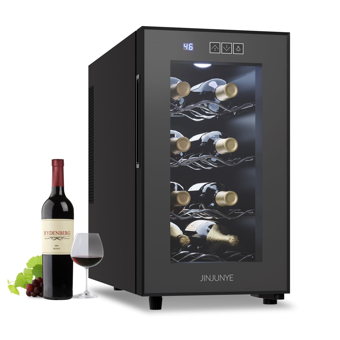 JINJUNYE 8 Bottle Wine Cooler, Wine Fridge Small, Countertop Wine Cooler Refrigerator with Temperature Control, 46-66℉ Mini Freestanding Wine Cellars Glass Door, Gift for Wine Lover