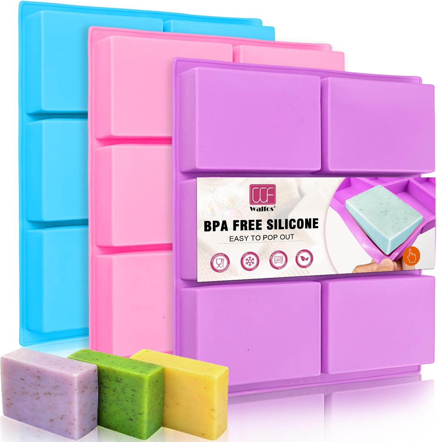 Walfos Silicone Soap Molds Set of 3, 6 Cavities Rectangle Silicone Soap Molds for Homemade Craft Soap Mold, Cake,Chocolate ＆ Ice Cube Tray（Blue & Purple ＆ Pink）