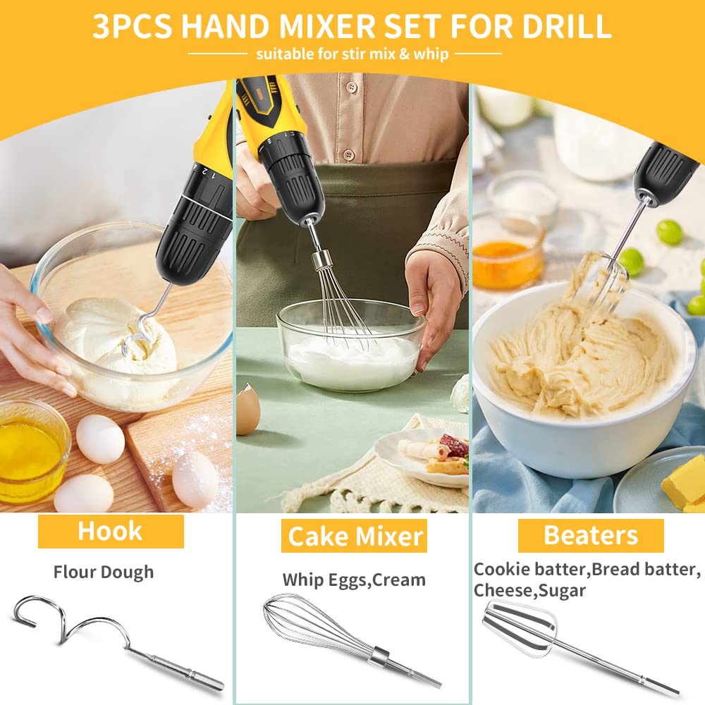 3Pcs Hand Mixer Electric Attachments Set for Drill, HOMICOZY Stainless Steel Mixer Electric Handheld Egg Beater, Whisk & Dough Hook for Drill, Mixer Handheld Drill Attachments for Drill (Not Included)