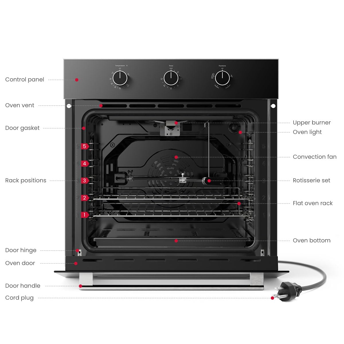 GASLAND 24 Inch Gas Wall Oven, Pro GS606MB Natural Gas Wall Oven, Built-in Single Wall Oven, with Bake Broil Rotisserie Functions, Built-in Timer and Convection Fan, 120V Cord Plug, Black